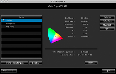 Zrzut ekranu z oprogramowania ColorNavigator 6