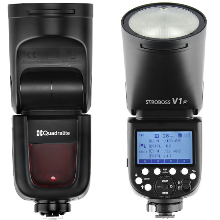 Lampa błyskowa Quadralite stroboss V1 nikon przód i tył